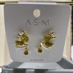 ASM Gold Yellow Reindeer Rhinestone Dangle Earrings New Silver925